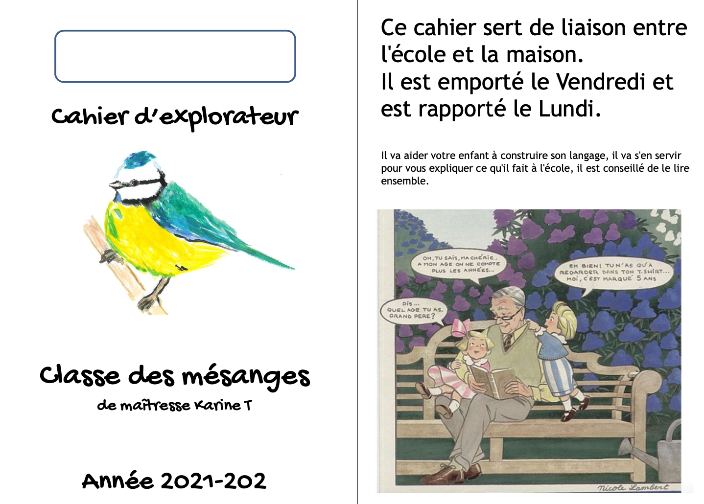 Cahier De Liaison école Mon premier jour d'école Semaine 1 chez Karine T - école petite section