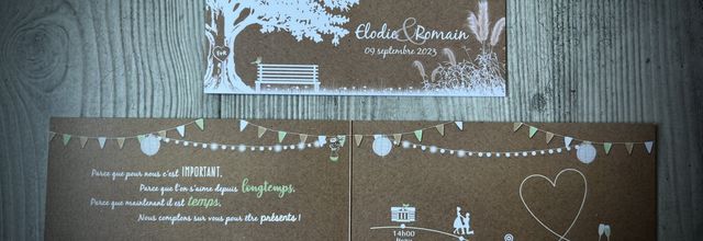 Le faire part de mariage de E & R : thème floral pampa arbre nature guinguette