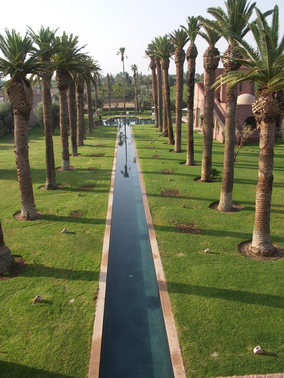 Le canal de nage conduit de la porte monumentale du riad, à la piscine avec son jet d'eau 