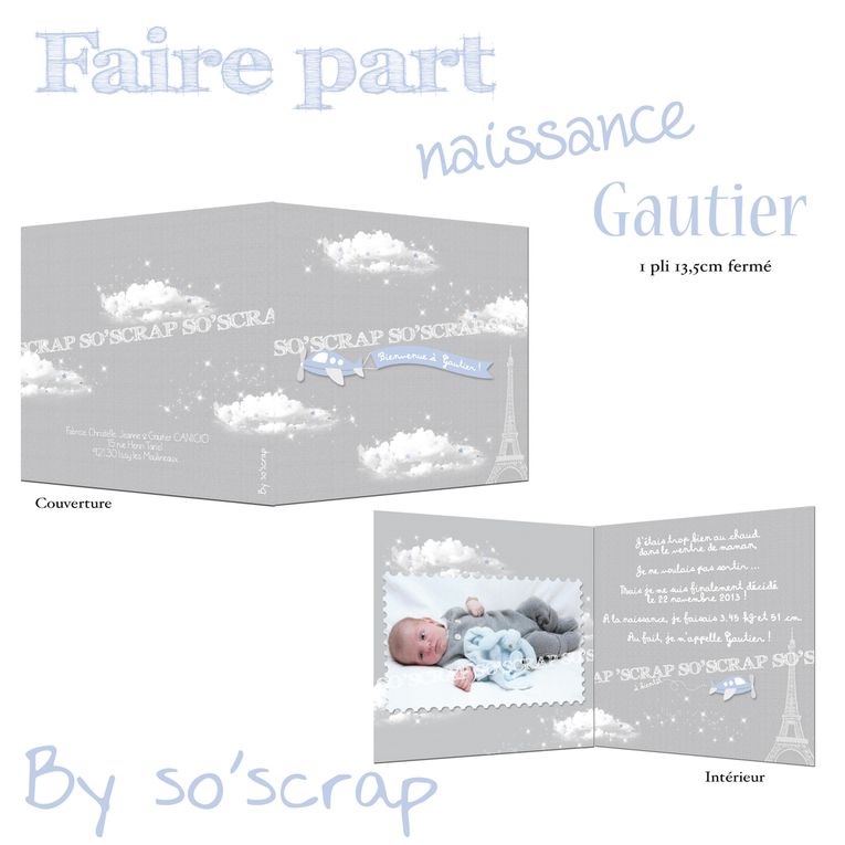 quelques réalisations clientes 
faire part de naissance sur mesure, original et unique
SCRAPBOOKING DIGITAL
fée clochette
nuage, ailes d'ange
carte de remerciements assorties