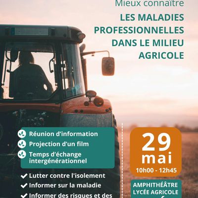 Les pesticides et maladies professinnelles mercredi 29 mai de 10h à 12h30 lycée agricole de Sées 