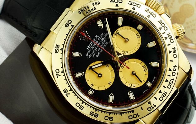 ROLEX REHAUT Mens 18kt Gold Daytona Black & Yellow Paul Newman 116518 SANT BLANC