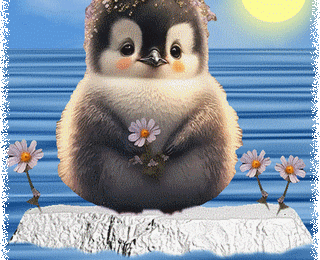 Pingouin sur banquise et fleurs - gif animé bonne journée