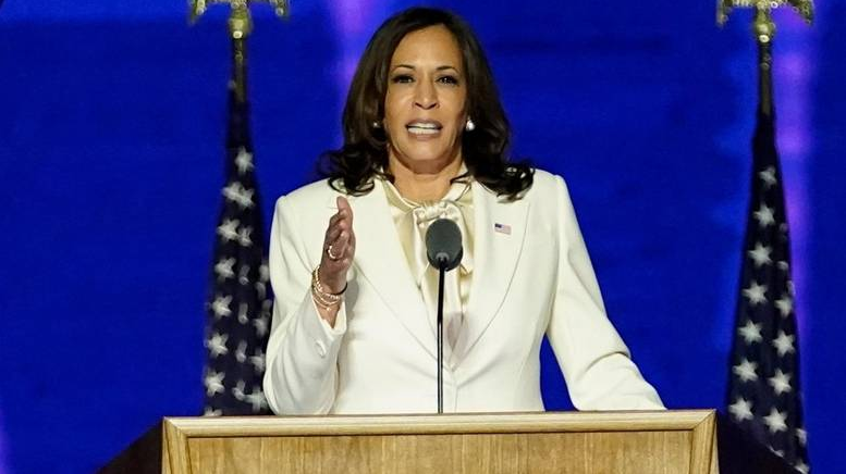 Kamala Harris pays tribute to women in first speech as VP-elect in US