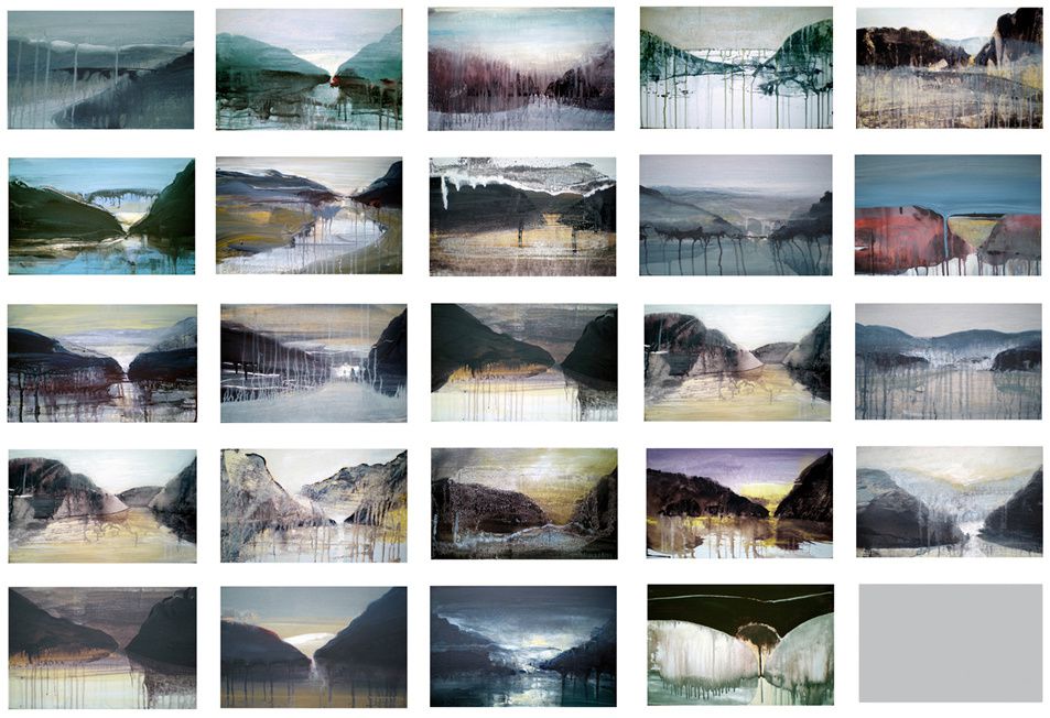  mes peintures paysages imaginaires du Rhône  toutes du même format 46x27cm
