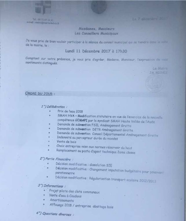 Citoyens de BELVIS, de cet ordre du jour il ressort qu'il  va y avoir encore et à nouveau des tentatives d'augmentations des prélèvements dans nos poches de con-tribuables exsangues. Le rôle d’un conseiller étant justement de conseiller, il serait heureux que nos élus - conseillers municipaux - qui par leur vote décident en dernier ressort conseillent fermement au maire de cesser de nous ponctionner. Si vous cherchez la convocation, elle est placée tout en haut du panneau à droite, bien visible par tous ... ( les crampons peuvent être utiles !)