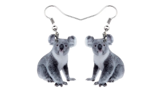 Boucles oreilles koala,plastique acrylique laser cut gris blanc argente,avec fermoirs crochets en acier inoxydable