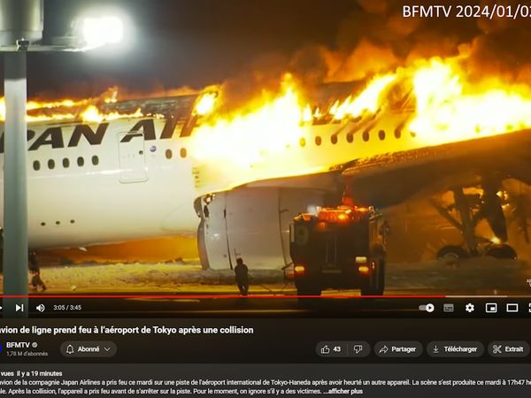 ✈✈Tous les passagers vont bien👍 <L'avion de la JAL prend feu à l'aéroport de Haneda, Collision avec un avion des garde-côtes, mais tous les membres de l'équipage et les passagers s'en sortent.>👇(02/01/2024)