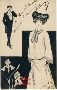 Iris -2188- Ilustrateur MORGAN (?) Dessin encre de Chine. Femme, homme. 1903.