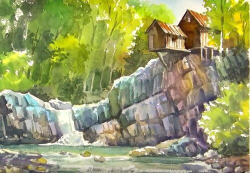 Dessin et peinture - vidéo 1959 : La maison de bois au bord de la cascade - Aquarelle sur papier.