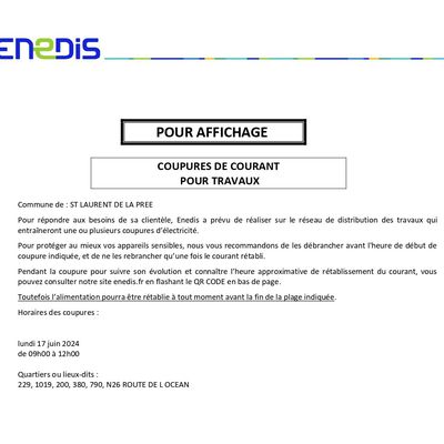 ENEDIS - COUPURES DE COURANT POUR TRAVAUX 