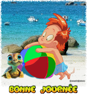 Bonne journée avec enfant - ballon - tortue marine sur la plage - gif animé-a