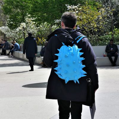 11 avril. Raphaël Glucksmann a un hérisson dans le dos! Jardins des Halles.