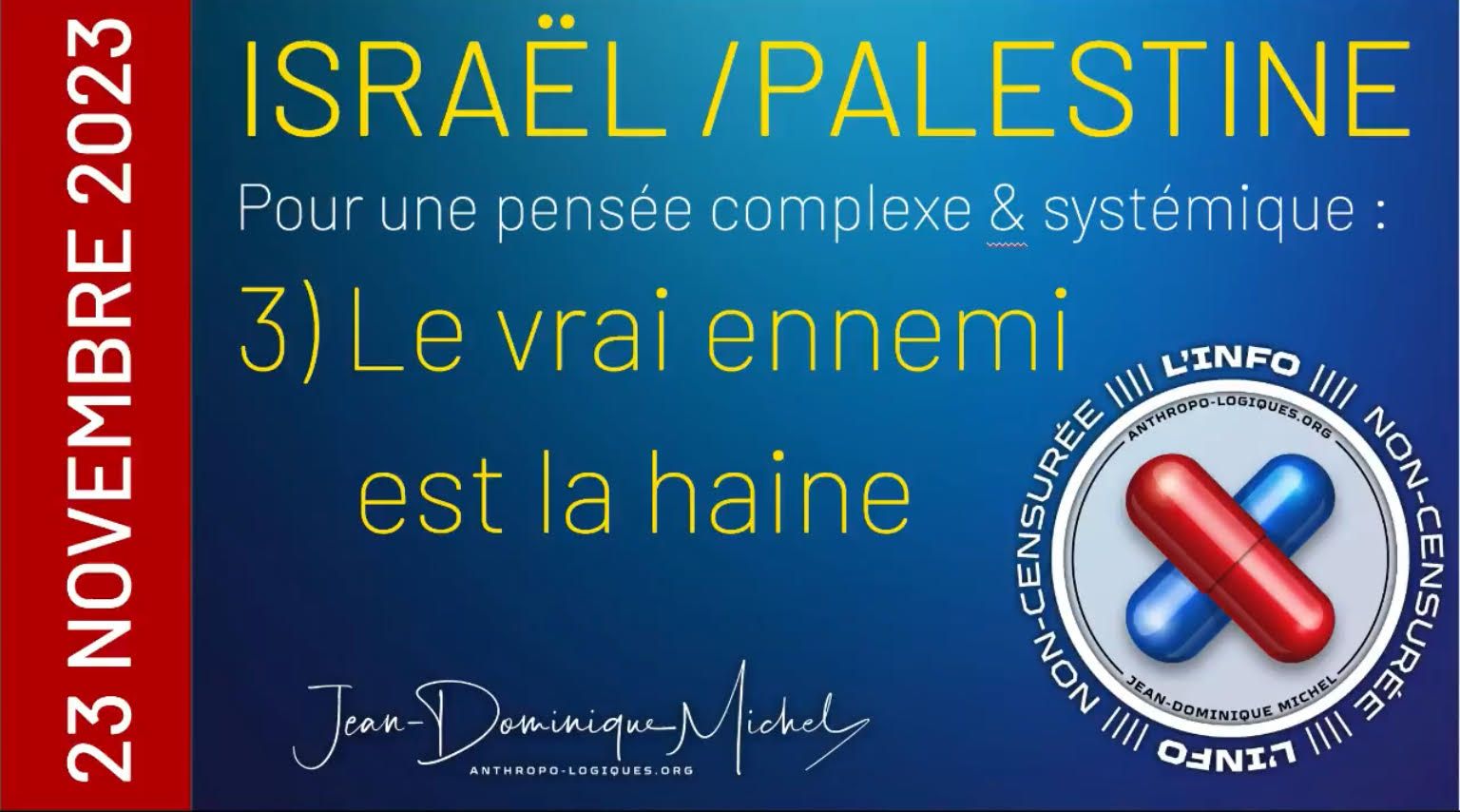 J'ai conscience de décevoir et même choquer certaines personnes parmi les soutiens à Israël - comme d'ailleurs parmi les soutiens des Palestiniens. Mon propos est toutefois simple : décoder la logique systémique qui entretient le cycle du désespoir et de la haine, logique qui est agissante des deux côtés. Je suis du camp de la paix - et cela fait partie de mon éthique de ne pas éviter d'exprimer des rappels qui peuvent déplaire. Cela me vaut d'ailleurs un sérieux shadowbanning, y compris sur YouTube, mais c'est le prix à payer. Ma seule cause, c'est l'humain - qu'il soit juif, arabe, chrétien, athée, agnostique, conservateur, progressiste, communiste, capitaliste ou que sais-je. Les moyens de nous égarer sont innombrables et à vrai dire fort charitablement répartis ! Comme ceux de rester en prise avec notre humanité en évitant le piège de déshumaniser l'autre. Émission du 23 novembre 2023.