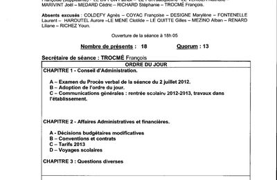 Compte-rendu Conseil d'Administration collège Beaumanoir 09 octobre 2012