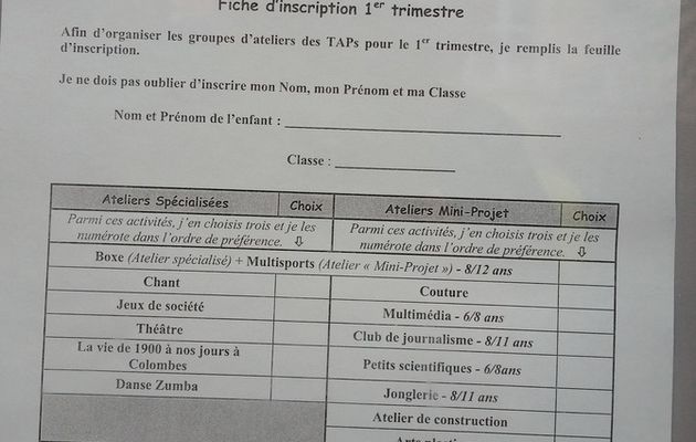 Colombes école Léon Bourgeois B : fiche des TAPS du 1er trimestre