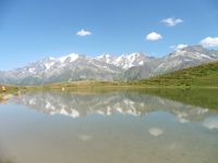 Le col et la tête de la Cicle. Le Mont-Blanc se reflète dans les eaux du lac de Roselette que survole une libellule.