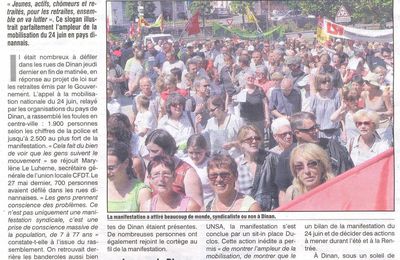 Retraites : Mobilisation massive à Dinan - Le Petit Bleu du 1er juillet 2010