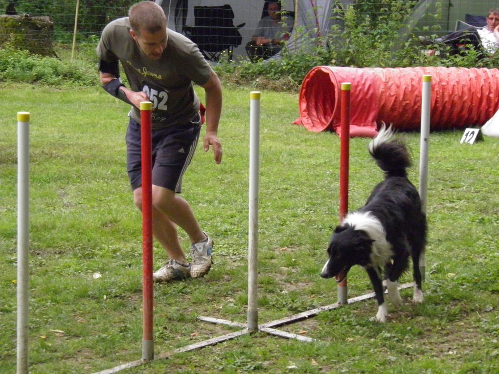 Marion/Flamme, Dominique/Apache, Nicole/Lyra, Solène/Pilou, Bastien/Fidjie, et le gros nounours Diabolo.