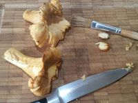 1 - Couper la queue des girolles, bien les nettoyer à l'aide d'un pinceau humide et les sécher avec du papier absorbant (ne pas passer sous l'eau pour conserver la saveur du produit) , peler et équeuter les champignons de Paris, couper les têtes en fines lamelles, émincer également les girolles de la même façon dans le sens de la longueur.