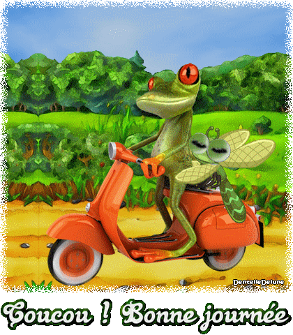 Grenouille et libellule en scooter - gif animé bonne journée
