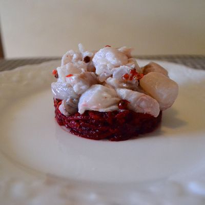 Tartare de Lieu au poivre rose et Betterave Crue