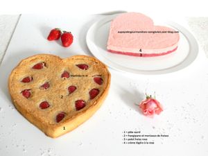 Coeur de Rose d'après Christophe Felder : pâte sucrée, frangipane et morceaux de fraises, palet fraise rose, crème légère à la rose