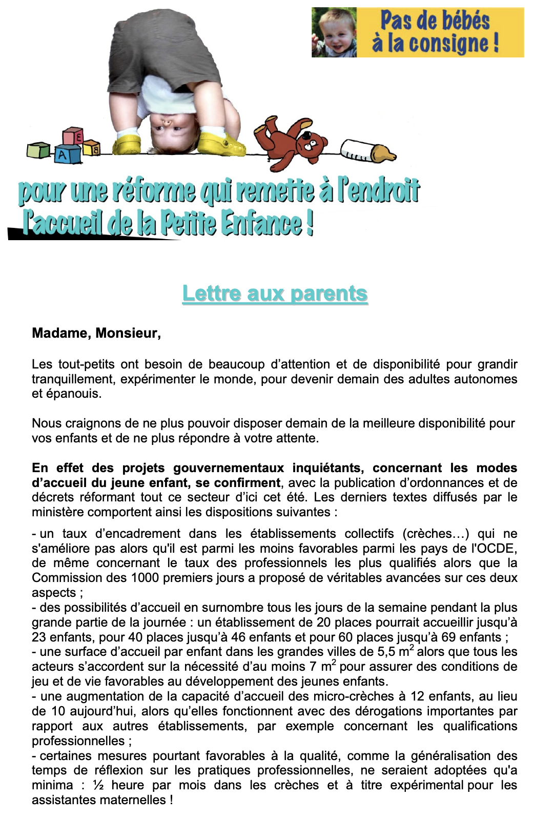 Collectif Pas De Bebes A La Consigne Lettre Aux Parents Supap Fsu