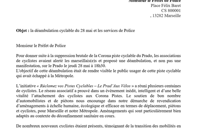 Après la déambulation cyclable, lettre de RAMDAM, FNE PACA et Vélos en Ville à Monsieur le Préfet de Police ...