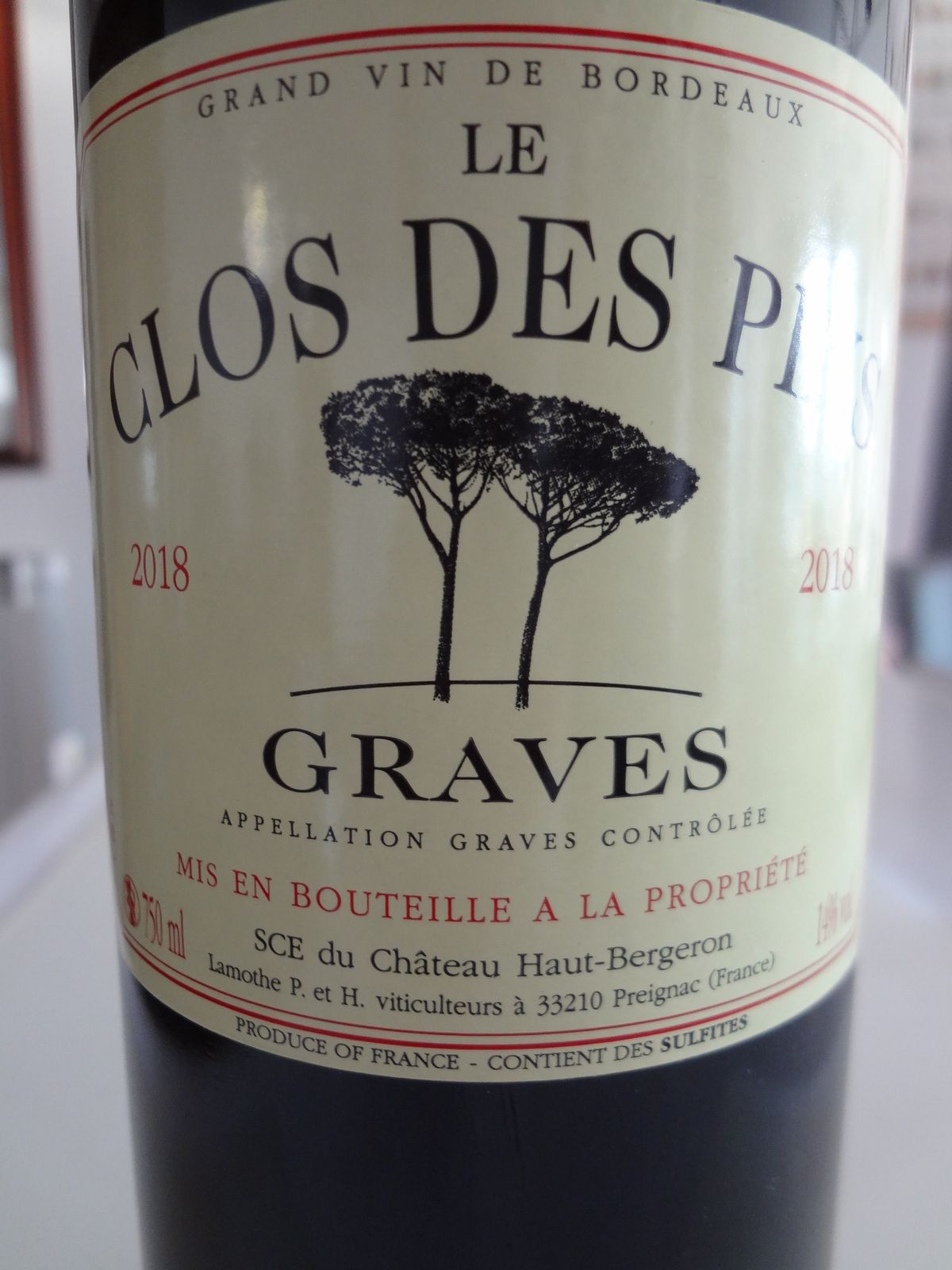 Bordeaux - AOC Graves - Le Clos des Pins 2018.