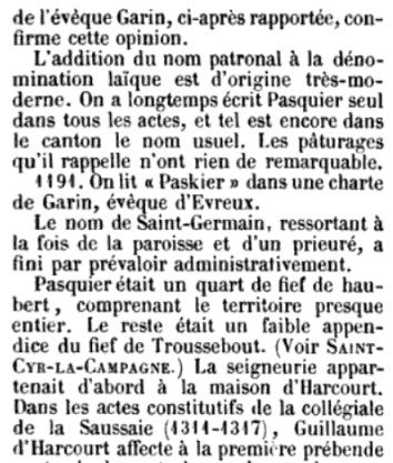 Saint-Germain-de-Pasquier sous la plume d'Auguste Le Prévost, ici dans ses Mémoires et notes publiées en 1869.