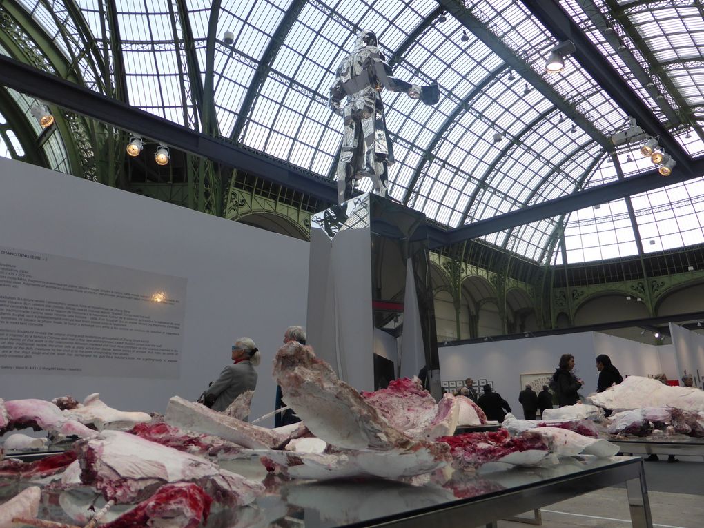 Zhang Ding, Sculpture, statue en acier inoxydable, fragments d'animaux en plâtre, poudre rouge, poudre à canon, table miroir, support en acier inoxydable. 320 x 475 x 275 cm & détails de la photographie de  Boxing © Photographies Gilles Kraemer, journée professionnelle Art Paris, 26 mars 2014