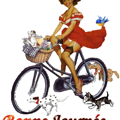 Bonne journée - Femme - Vélo - Chats - Gif animé - Gratuit