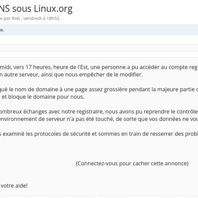 Quelqu'un a manipulé le DNS de Linux.org pour altérer la page d'accueil du site
