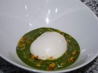 Burrata, compotée de tomates, carottes, coulis de mâche