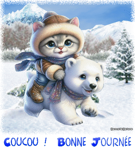 Bonne journée - gif animé - ours blanc et chat - hiver