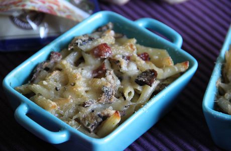 Gratins de mini penne aux champignons et jambon de Bayonne