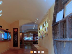 Accueil de l'oenopole à l'entrée de la cave : exposition de maquettes et modèles de tailles de verres à vin