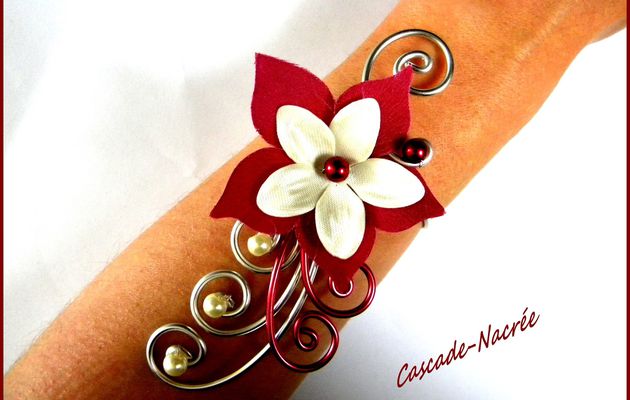 bracelet mariée Jade fleurs soie bordeaux ivoire perle mariage alu 16,90E