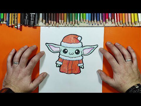 Como dibujar a Bebe Yoda 🎄 (Version Papa Noel) paso a paso - Star wars -  