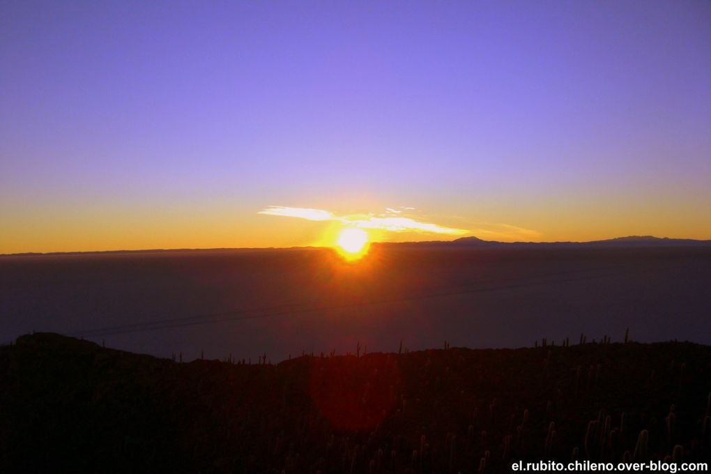 Levé de soleil depuis la Isla de Incahuasi. Traversé d'une des merveilles naturelles du monde. Le plus grand désert de sel du monde. Du blanc à perte de vue et un ciel bleu extraordinaire.