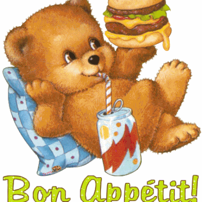 Bon appétit - Ourson - Hamburger - Soda - Gif scintillant - Gratuit