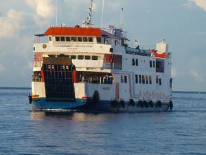 Un ferry "Roro" (conçu pour transporter voitures et camions) en Papouasie occidentale, août 2017 ; notre voiture est chargée dans un conteneur à Bombay, février 2014 ; clairement, un "vrai" camping car ne pourrait pas y entrer.