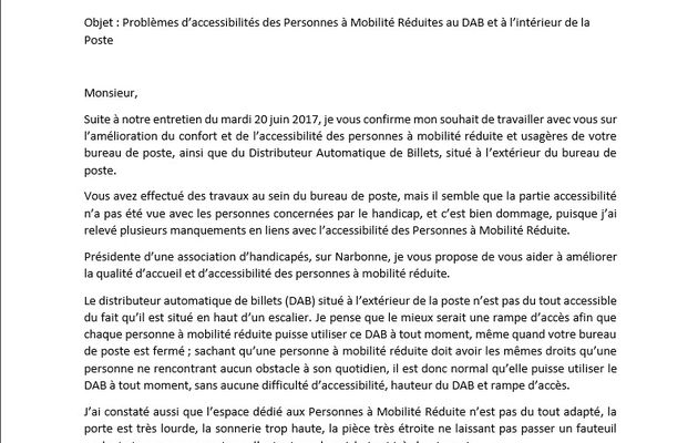 LA POSTE DE NARBONNE GAMBETTA N'EST PAS FRANCHEMENT ACCESSIBLE AUX HANDICAPÉS, FRANCE HANDI ART A DEMANDÉ À LA POSTE DE REVOIR SA COPIE