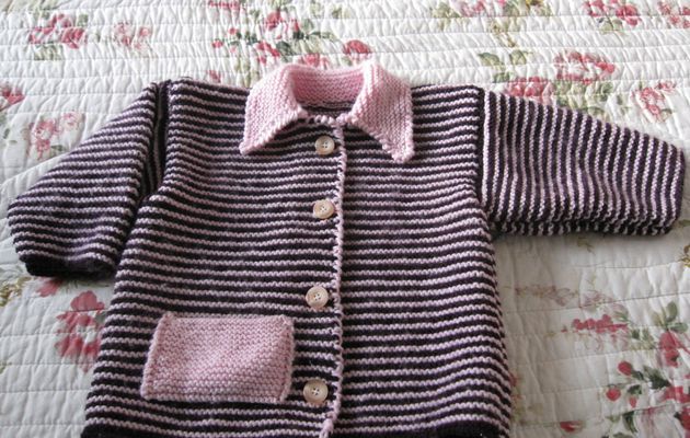 gilet 1 an 18 mois laine merino rose et prune