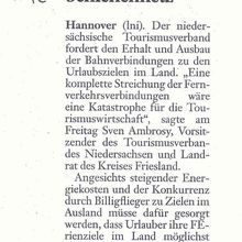 Deister-Leine-Zeitung vom 17.07.2010: "Touristiker fordern besseres Schienennetz"