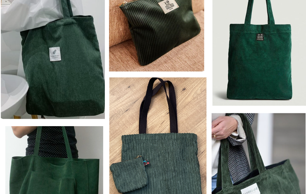 Tote bag velours vert sapin et pochette assortie