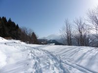 Dans la montée en hors piste. Une timide apparition du Mont Blanc. Une coulée de neige sur le chemin.