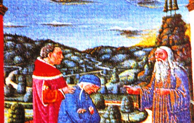 Le gardien Caton aux abords de la montagne de la purification. Dante, le Purgatoire, la Divine Comédie.