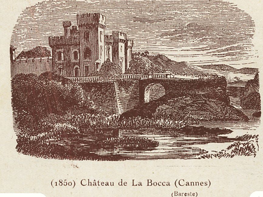 Le Château de la mer. Vue aérienne de la résidence du Château de la mer et du square Morès (1960). La Bocca et Château de la mer par P. Mérimée avant la brèche de la voie ferrée vers 1858.